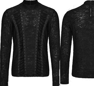 Punk Rave Vertigo mens' black poly elastane high neck long sleeve textured pullover top with laced up front 