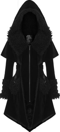 Punk Rave ladies' poly velvet Witchnight coat with fur trim,zip closure,lace trim, pointed hem, buckles, large hood