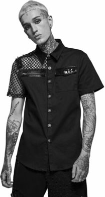 Punk Rave men's short sleeve asymetric stitch shirt with fishnet detail