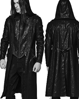 Punk Rave mens black crackle faux leather finish poly cotton elastane Atreides zip hooded jacket with mesh sleeve panels, detachable eyelet front