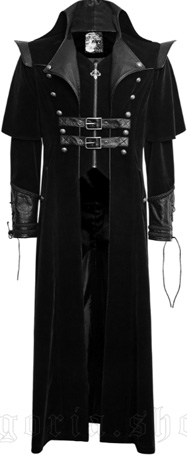 Punk Rave The Ghost men's long black velvet coat with laced sleeves, high neck, front zip