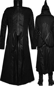 Punk Rave Black Martyr black cotton spandex denim/poly hooded textured coat with straps, front zip 