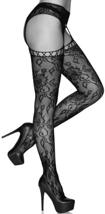 Leg Ave gardenia lace stockings with net top, attached garter belt