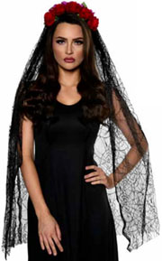 Black lace mantilla on red rose headband