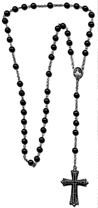 Black bead burnished cross rosary necklace