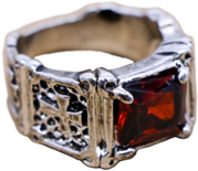 Silver alloy red gemstone with crosses ring