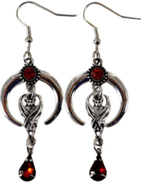 Silvertone crescent moon bat red gem earrings