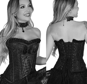  Black laced brocade corset with ruffle trim