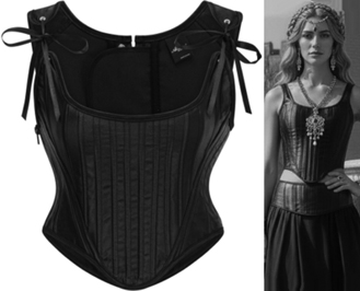 Black satin ribbon corset top with back lacing, panel stitching.