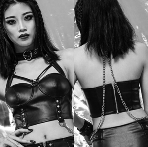 Moto black faux leather pu waist chain vest top