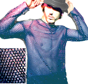 Black silver fishnet mesh long sleeve jewel neck unisex t-shirt