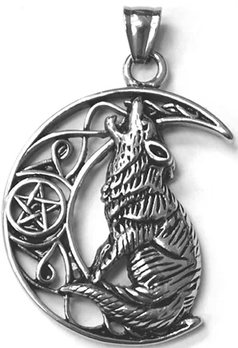 Stainless steel wolf half moon pendant on cord