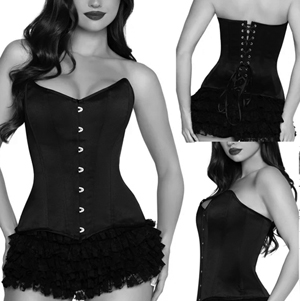 Leg. Ave black satin steel boned overbust corset with busk, back lacing