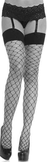 Leg Ave black spandex fence net stockings with reinforced toe, comfort wide band top