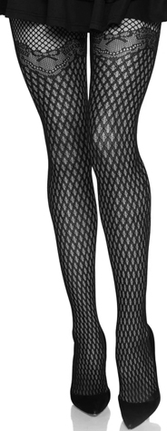 Leg Ave black gilded grid net tights with bow lace top
