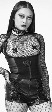  Killstar Wasteland black zip front vinyl/cotton poly elastane underbust corset top with lace up back