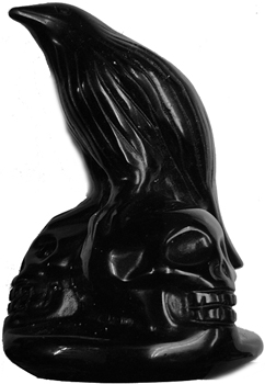 Obsidian raven on two skulls figurine 3 inch