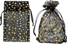 5 x 7 inch black gold organza star drawstring gift bag