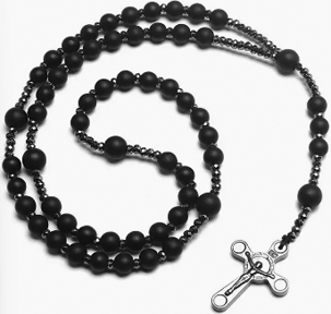 Volcanic black gallstone cross rosary necklace