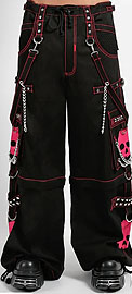 Tripp NYC mens/unisex black red Super Skull zip off wide leg pants