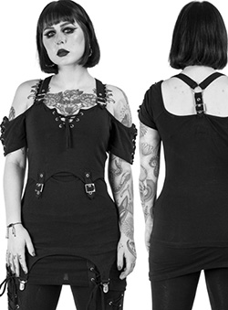 Vixxsin black cotton elastane cold shoulder ladies Aranza short sleeve top with eyelets, lacing, buckles