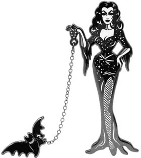 Kreepsville Vampira with flying bat enamel pin