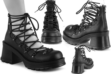 Pleaser/Demonia black pu 2 3/4 inch heel 1 inch platform women's Bratty shoe with speed lace-up, back zip, red and black laces