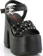 Pleaser/Demonia black pu shunky 5 inch heel 3 inch platform Camel spiderweb open toe spider buckle sandal shoe
