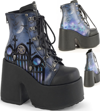 Pleaser/Demonia black patent lace up 5 inch chunky heel platform women's painted cemetery Camel ankle boot with back zip