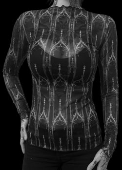 Witchwood sheer mesh Cathedral print long sleeve ladies top.