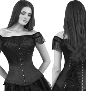 Luxe Noir overbust Marlee black satin gothic corset with coil steel bones, back lacing, front busk