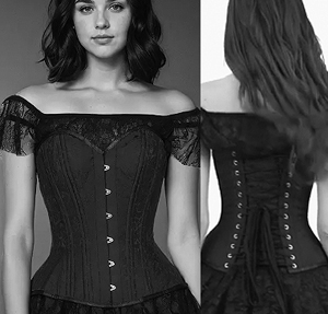 Luxe Noir overbust Eirene black brocade waist trainer corset with coil steel bones, back lacing, front busk