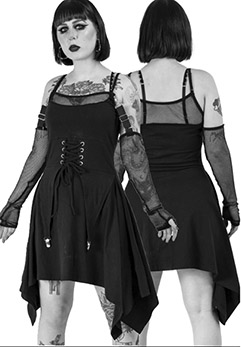 Heartless strappy black cotton elastane Conspiracy dress with garters, cold  shoulder, mesh sleeves