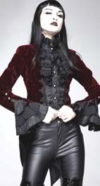 Red burnout velvet ladies' Victorian tails jacket