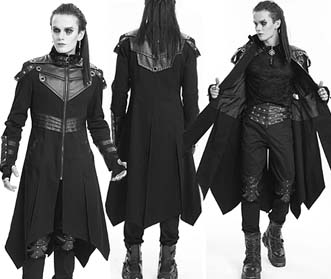 Devil Fashion men's black cyber military coat with zip front, vinyl details