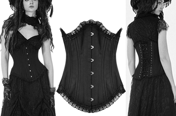 Dark metal boned black satin waist cincher corset with busk, back lacing