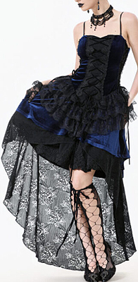 Dark in Love long indigo blue stretch velvet/black lace gothic high low dress