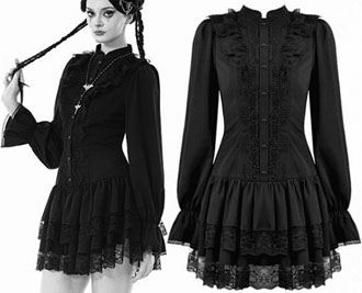 Dark in Love lolita gothic black poly low waist long sleeve high neck dress