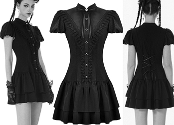 Dark in Love ruffled two layer gothic puff sleeve laced back shift dress