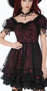 Dark in Love black lace red underlay short sleeve ruffled dress