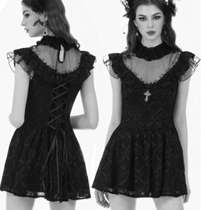 Dark in Love gothic black lace ruffled collar with cross mini dress