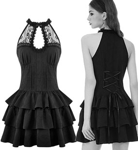 Dark in Love black poly spandex lace trimmed tiered mini dress