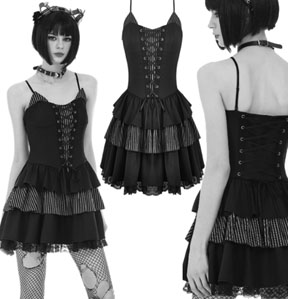 Dark in Love gothic corset dress with grey black stripe insets, lace up front, layered skirt