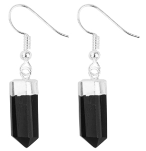 Black onyx point silver plated fish hook earrings