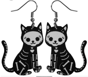 Wood skeleton kitty earrings.