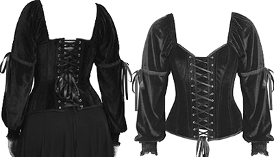 Luxe Noir black velvet Talona overbust corset top with Renaissance sleeves