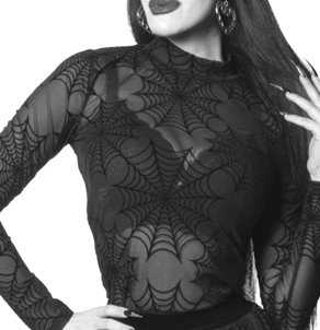 Kreepsville black spiderweb repeat mesh bell sleeve top