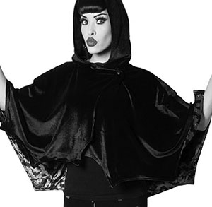 Kreepsville bat wing black velvet short hooded cape with grey bat lining