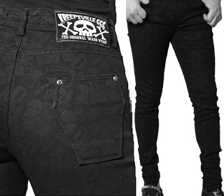 Kreepsville Death Repeat print guys' black twill skinny jeans pants