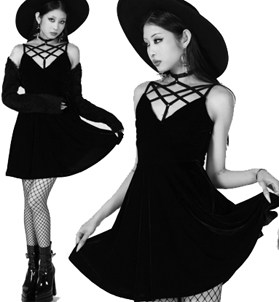 Killstar black poly stretch velvet Magica skater dress with star